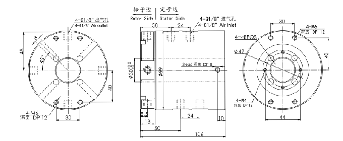33040063304006 气电滑环 系列滑环外形图纸 中空 30mm